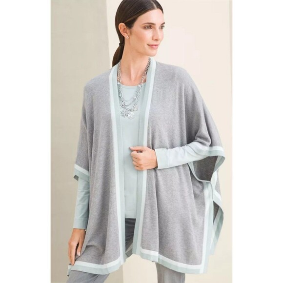 Chicos Women's L/XL Tipped Ruana Wrap Cashmere Blend Poncho Heather Gray Green - Picture 1 of 9